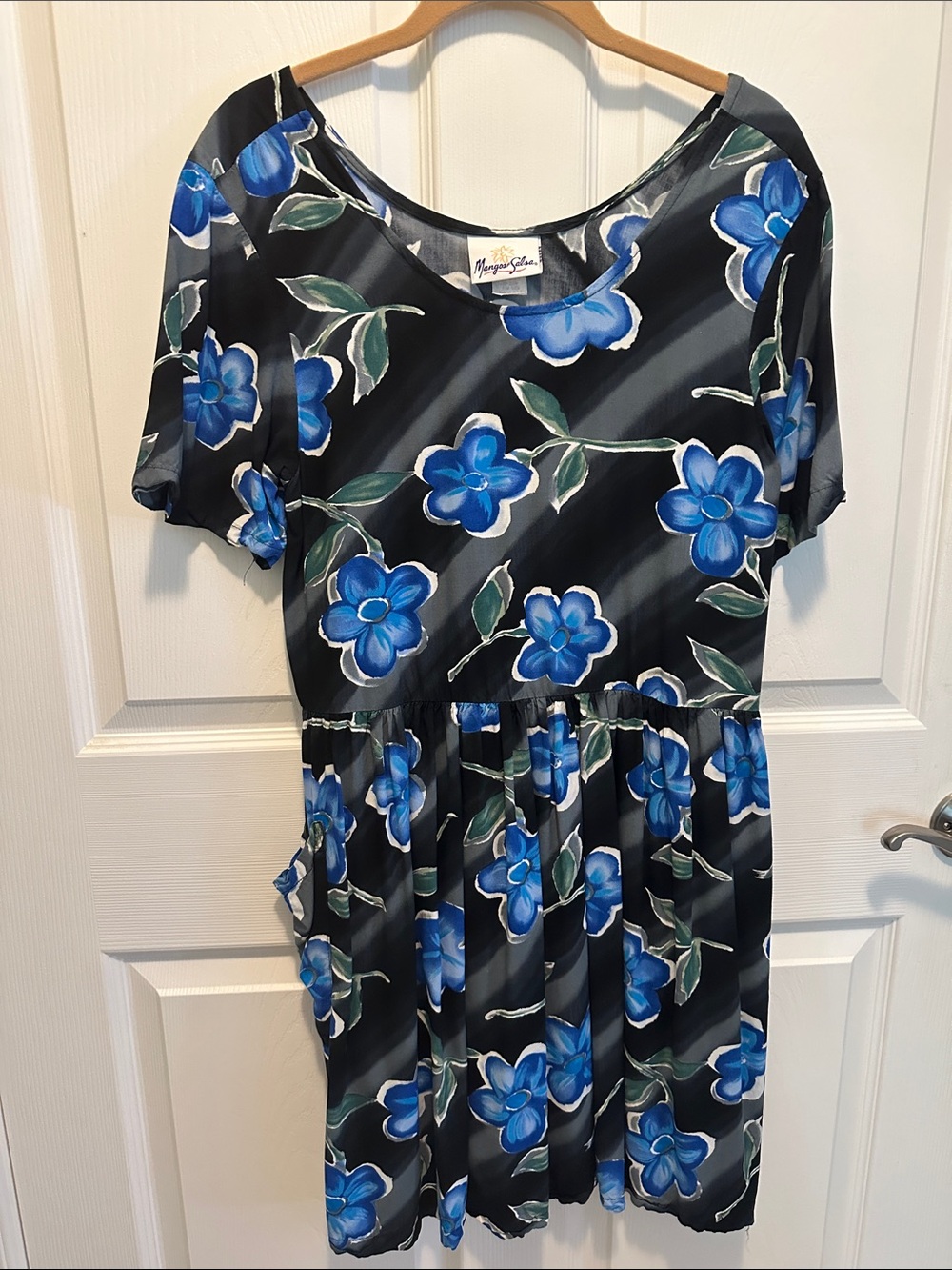 Vintage Black Midi Dress with Blue Floral Print